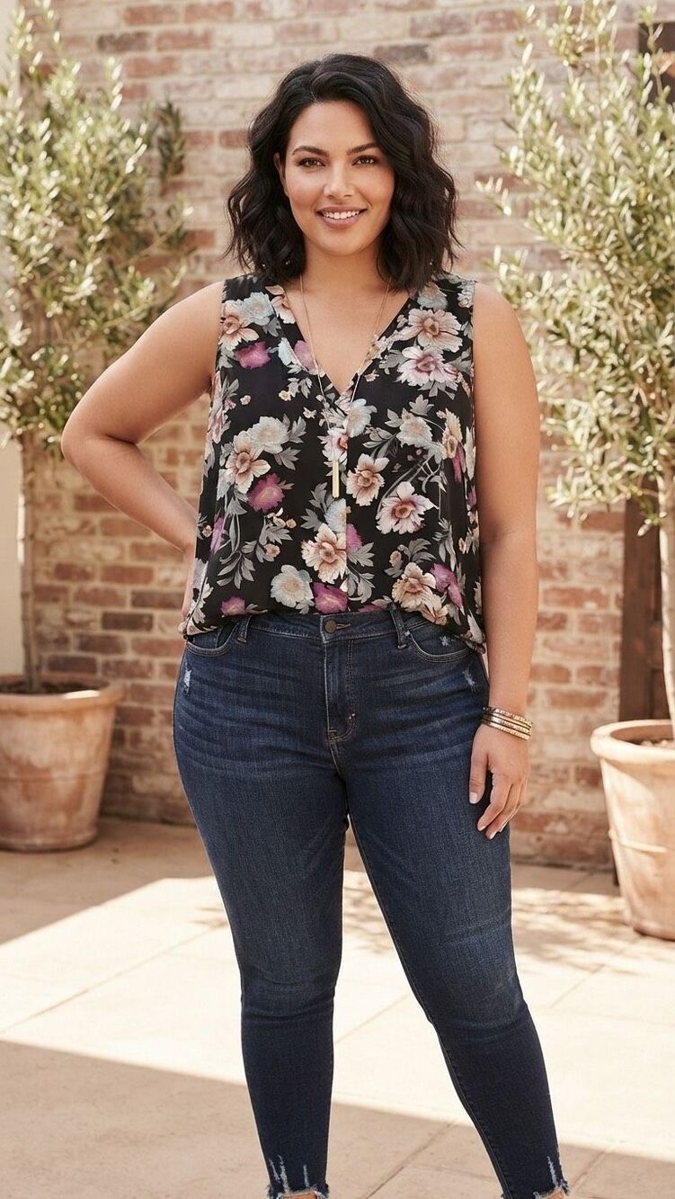 Torrid Floral Sleeveless Blouse Black Pink V-Neck Plus Size 2 (2X) Flowy Top
